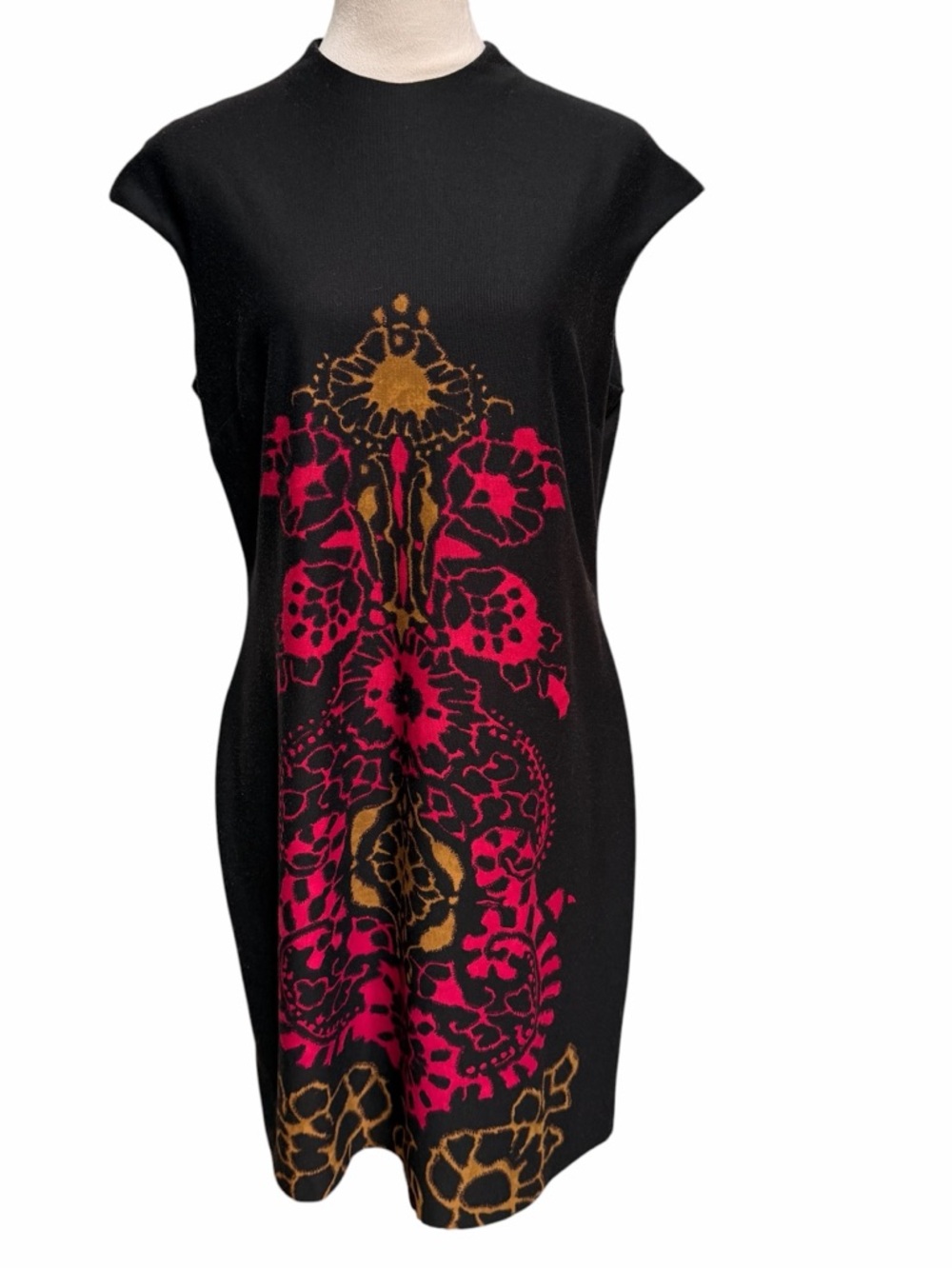 Nine West Size 12 Black Midi Dress with Pink & Gold Floral Center Print Back Zip